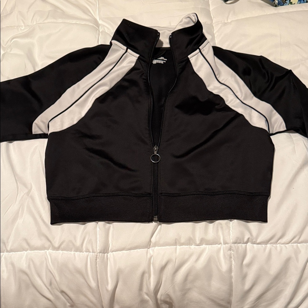 Black and White Cropped Zip-Up Jacket